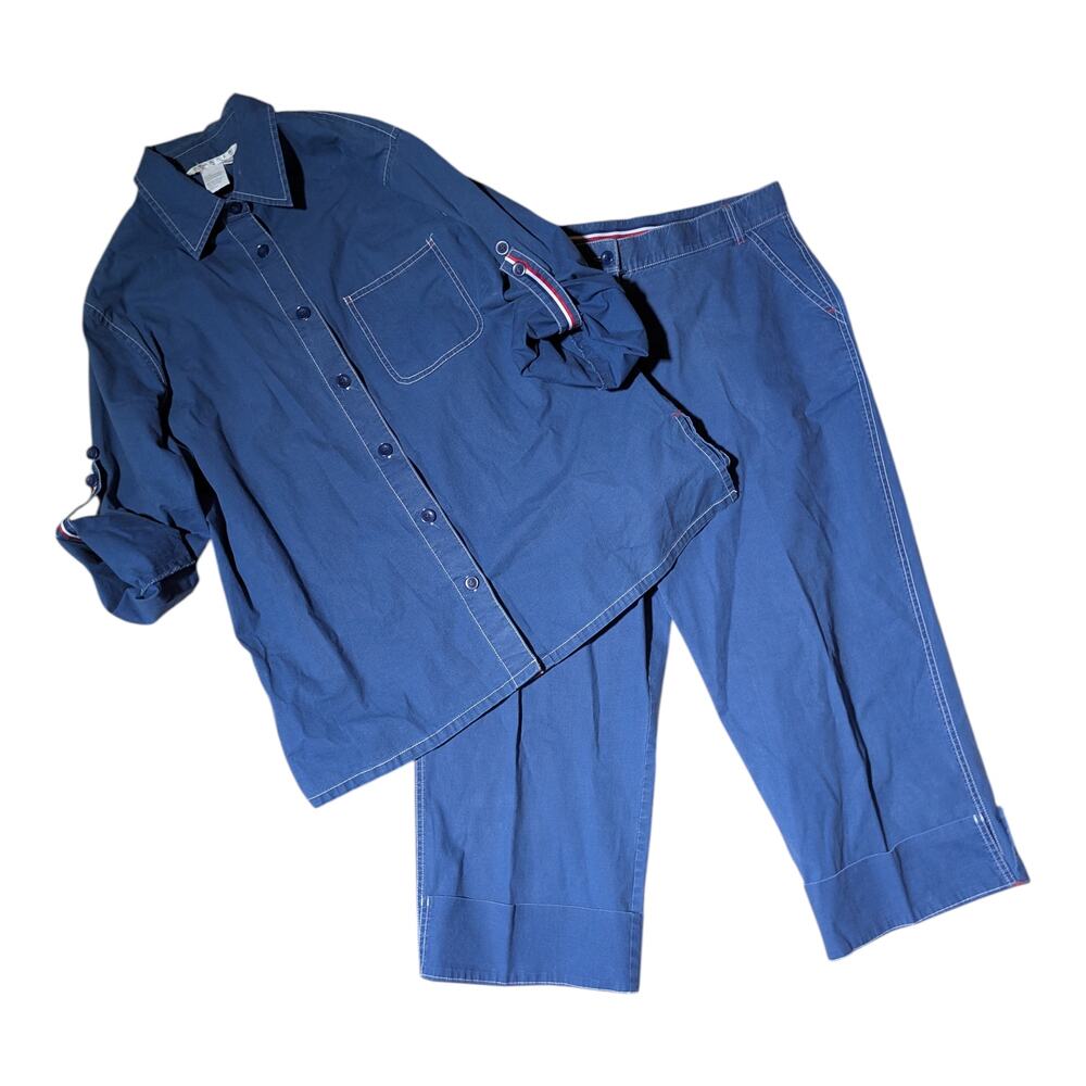 Vtg 1990s Spanner Sport Blue Minimal Workwear Button Up Top Pants Set Sz M 10